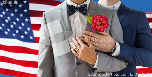 Image of close up of happy male gay couple