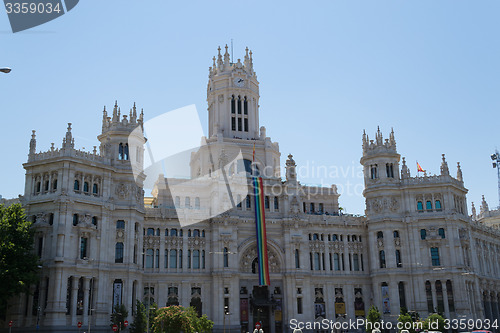 Image of Gay pride flag at the city hall of Madrid