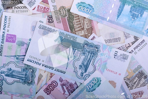 Image of Russian money background. Rubles banknotes closeup texture