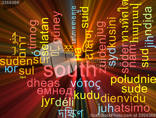 Image of South multilanguage wordcloud background concept glowing