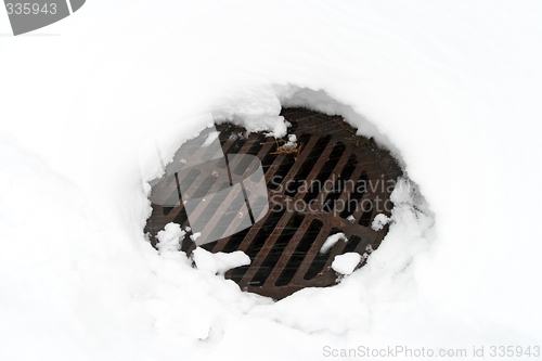 Image of Manhole cover in white snow