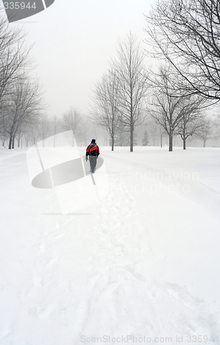 Image of Man walking on a snowy path