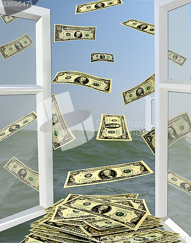 Image of opened window to the sea with dollars