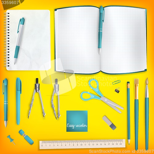 Image of Set of Colored school supplies background. EPS 10