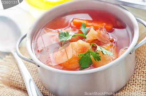 Image of Delicious veal stew soup with meat and vegetables