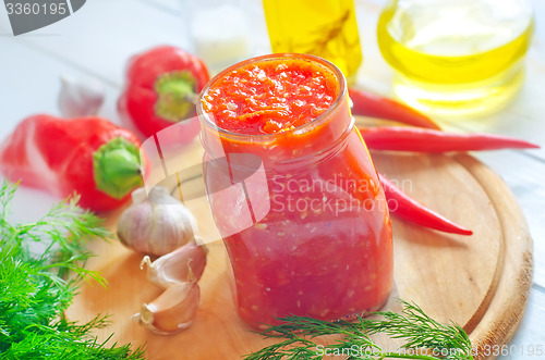 Image of Fresh chilli sauce in the glass bank