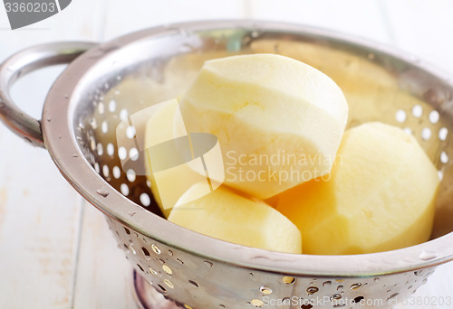 Image of raw potato in the metal bowl