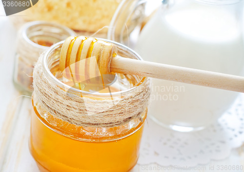 Image of honey,bread and milk