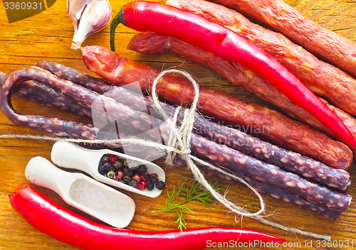 Image of sausages on the wooden table with aroma spice