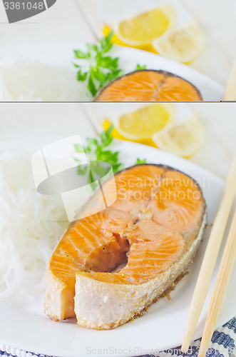 Image of salmon with rice noodles