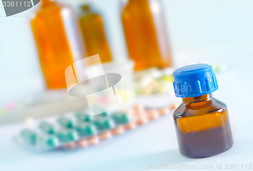 Image of color pills and medical bottle