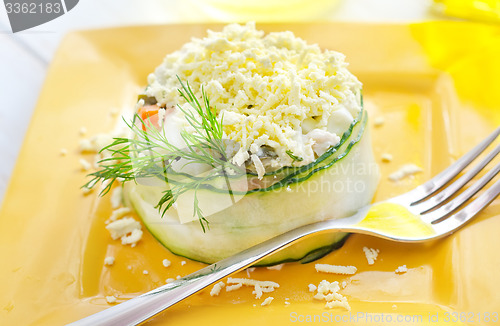 Image of fresh salad  with chicken and boiled vegetables