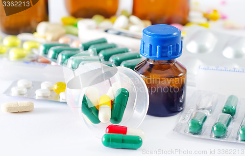 Image of color pills and medical bottle