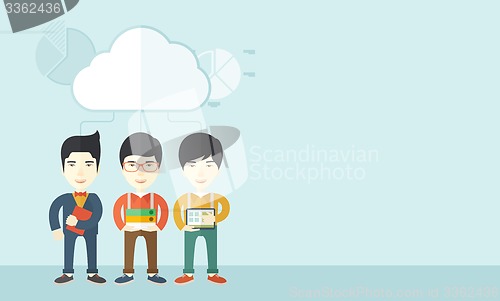 Image of Three asian men holding book files, notebook and tablet.