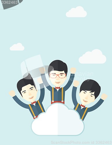 Image of Three happy chinese businessmen on the cloud