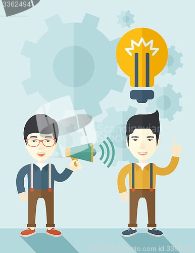 Image of Japanese guys with megaphone and bulb on top of head.