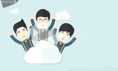 Image of Three happy chinese businessmen on the cloud