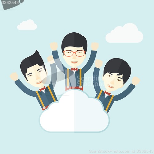 Image of Three happy chinese businessmen on the cloud