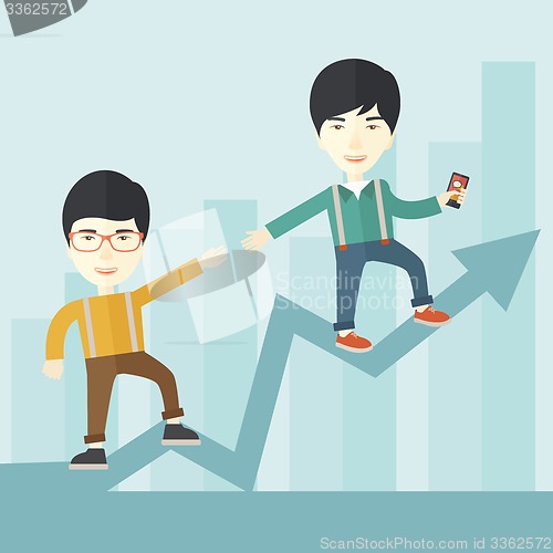 Image of Two chinese guy walking in arrow going up.