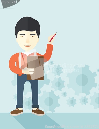 Image of Chinese lecturer with gears background