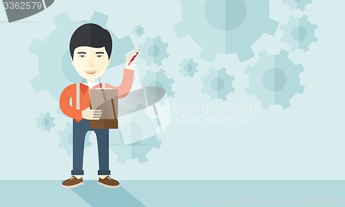 Image of Chinese lecturer with gears background