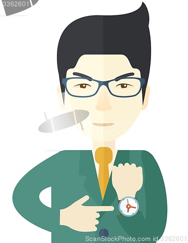 Image of Chinese man is angry pointing his watch.