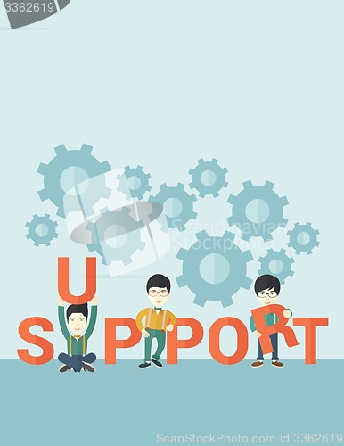 Image of Three chinese men standing in the word support.