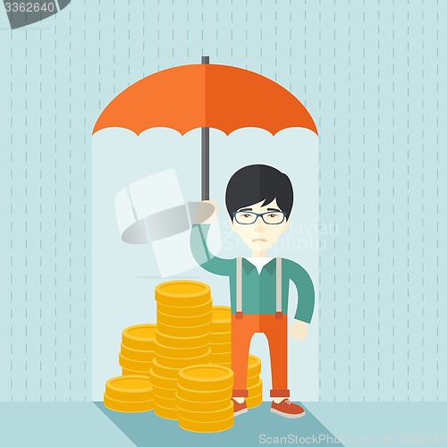 Image of Chinese businessman with umbrella as protection for his investment.