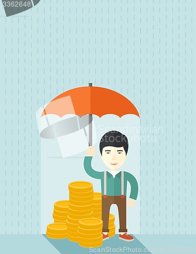 Image of Chinese businessman with umbrella as protection for his investment.