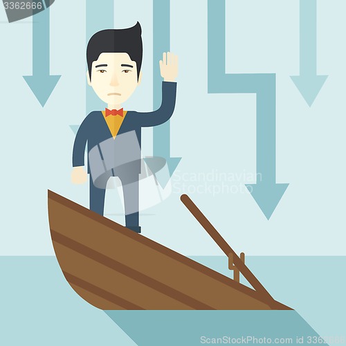 Image of Failure chinese businessman standing on a sinking boat.