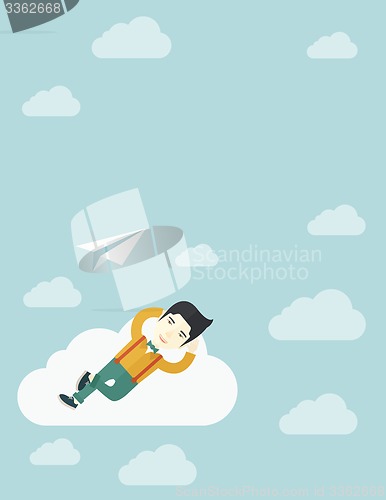 Image of Asian man lying on a cloud with paper plane.