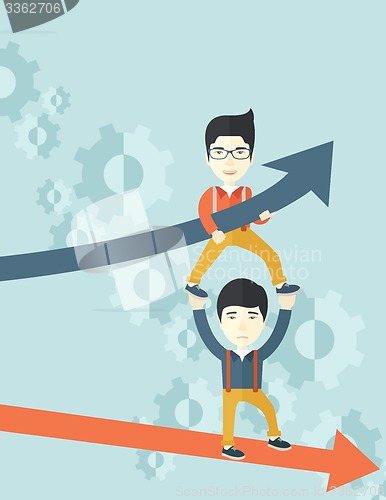 Image of Two aisan guy in two arrows going up and down. 