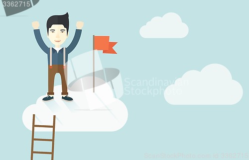 Image of Asian man standing on the top of cloud with red flag.