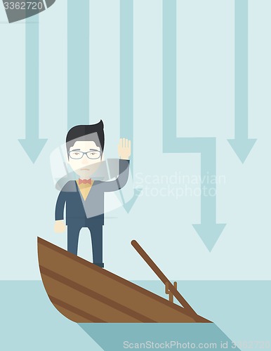 Image of Failure chinese businessman standing on a sinking boat.