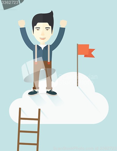 Image of Asian man standing on the top of cloud with red flag.