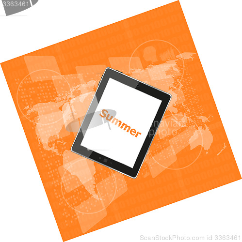 Image of summer word on tablet pc screen, digital touch screen, holiday concept, summer card