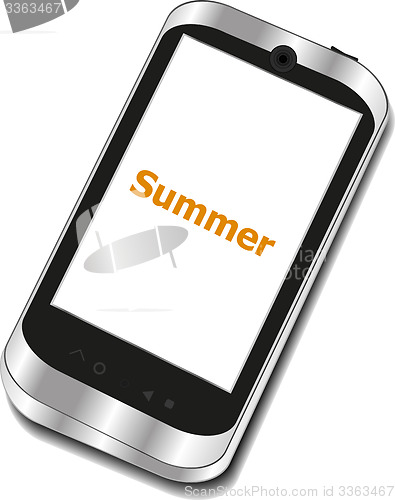 Image of summer word on smart phone screen, holiday concept