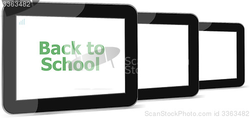 Image of Tablet PC set with dack to school word on it, isolated on white