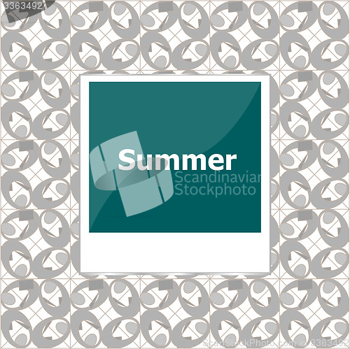 Image of summer background, summer words on empty photo frame, summer holiday