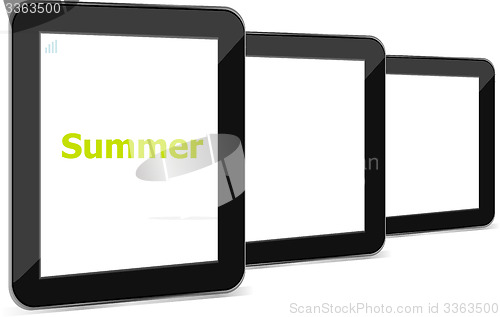 Image of summer word on tablet pc screen, holiday concept