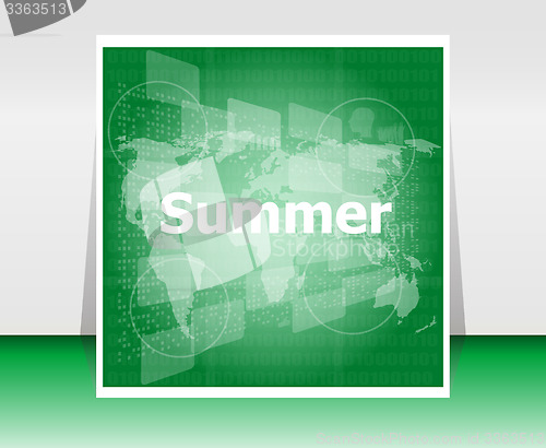 Image of abstract digital touch screen with summer word, abstract background