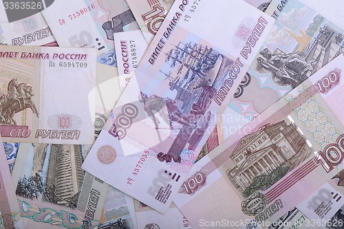 Image of Russian money background. Rubles banknotes closeup texture