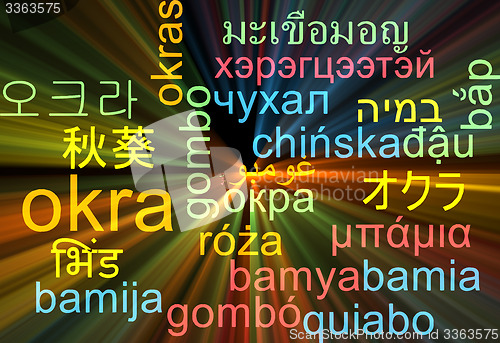 Image of Okra multilanguage wordcloud background concept glowing