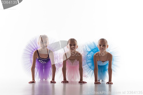 Image of Three little ballet girls sitting in tutu and posing together