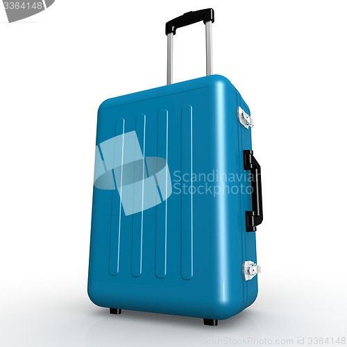 Image of Blue luggage stands on the floor