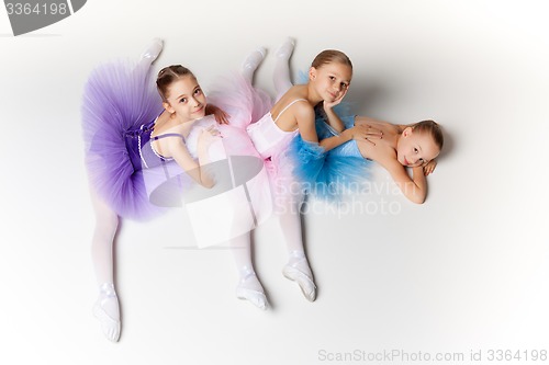 Image of Three little ballet girls sitting in tutu and posing together
