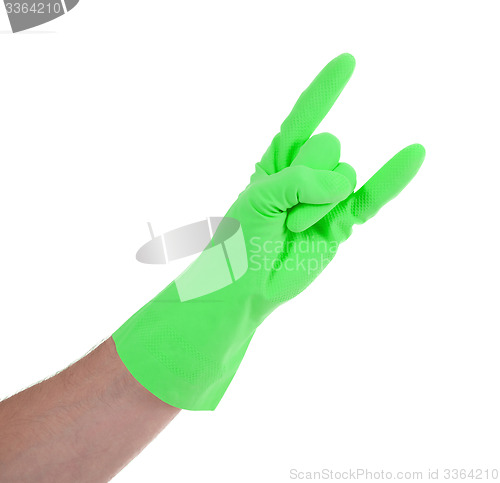 Image of Hand in rubber gloves gesturing, close up