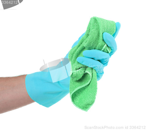 Image of Hand wearing rubber glove and hold rag(mop)