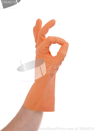 Image of Hand gesturing with orange cleaning product glove