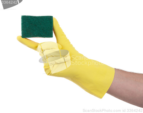 Image of Mans hand in rubber glove with sponge isolated